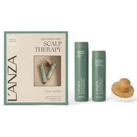 L'Anza Scalp Therapy Gift Set with two green bottles and a wooden scalp brush in a beige box.
