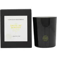 Black L'Artisan Parfumeur Brise De Mimosa scented candle, 70g, with gold emblem, next to matching black box.