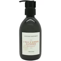 Black pump bottle of L'Artisan Parfumeur L'eau d'Ambre Extreme Body Lotion, 300ml, with white label and gold text.