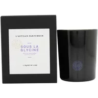 Black L'Artisan Parfumeur candle with white label, "Sous La Glycine," in matching black box, 70g size.