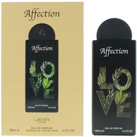 Lattafa Affection Eau De Parfum 100ml, black bottle with floral "LOVE" design, beige box with matching graphics.