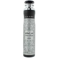 Lattafa Fakhar air freshener spray, 300ml, silver and black bottle with ornate patterns and Arabic script.