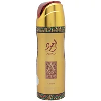 Lattafa Ajwad deodorant spray 200ml, gold bottle with ornate red and green patterns, red cap.