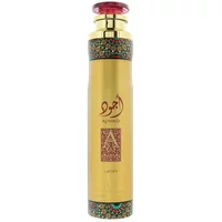 Gold Lattafa Ajwad room spray 300ml with ornate patterns, red cap, and Arabic script on the front.
