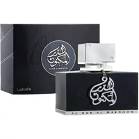 Lattafa Al Dur Al Maknoon Silver Eau De Parfum 100ml, black bottle with silver cap and Arabic script charm.