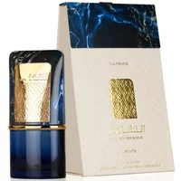 Lattafa Al Nashama Caprice Eau De Parfum 100ml, blue and gold bottle with textured gold label, matching box.