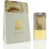 Lattafa Al Nashama Eau De Parfum 100ml, gold and silver bottle with intricate pattern, matching elegant box.