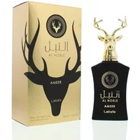 Lattafa Al Noble Ameer Eau De Parfum 100ml, black bottle with gold deer head cap, gold and black box with deer design.