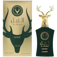 Green Lattafa Al Noble Safeer Eau De Parfum bottle with gold deer head cap and matching gold-accented box.