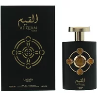 Black Lattafa Al Qiam Gold Eau De Parfum 100ml bottle with gold circular design and matching black box.