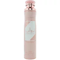 Lattafa Ameerat Al Arab Prive Rose Room Spray, 300ml, pink cylindrical bottle with rose gold accents and Arabic script.