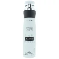 White Lattafa Ana Abiyedh air freshener, 300ml, with silver cap and black band, Arabic and English text on bottle.