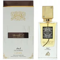 Lattafa Ana Abiyedh Leather Eau De Parfum 60ml, clear square bottle with ornate black label, gold cap, white box.