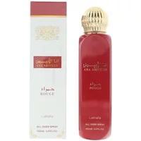 Lattafa Ana Abiyedh Rouge body spray, 150ml, red bottle with gold cap, next to white and red box.