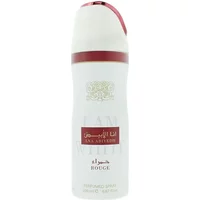 Lattafa Ana Abiyedh Rouge body spray, 200ml white bottle with red accents and gold Arabic script.