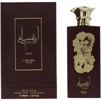 Lattafa Ansaam Gold Eau De Parfum 100ml, dark bottle with gold floral design and matching box.