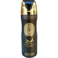 Black and gold Lattafa Asad Men's Body Spray, 200 ml, with intricate circular design and Arabic script.