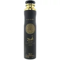 Lattafa Asad Room Spray 300ml, black and gold bottle with Arabic script and intricate circular design.