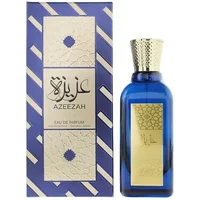 Blue Lattafa Azeezah Eau De Parfum 100ml bottle with gold cap and label, next to matching blue and gold box.
