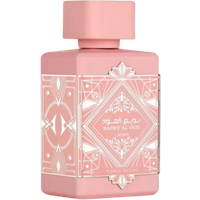 Lattafa Badeâe Al Oud Noble Blush Eau De Parfum, pink square bottle with ornate white geometric design, 100 ml.