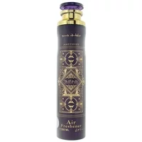 Lattafa Bade'e Al Oud Amethyst Room Spray 300ml, purple bottle with gold ornate design and purple cap.