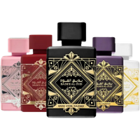 Lattafa Badee Al Oud perfume set, five bottles in black, pink, red, purple, and white with ornate gold designs.