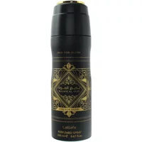 Lattafa Bade'e Al Oud body spray, 200ml black bottle with gold geometric design and Arabic script.