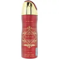Red and gold Lattafa Bade'e Al Oud Sublime body spray, 200ml, with ornate design and gold cap.