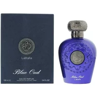 Lattafa Blue Oud Eau De Parfum 100ml, blue bottle with ornate silver cap and matching dark blue box.