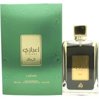 Lattafa Ejaazi Eau De Parfum 100ml with gold-accented black bottle and green box featuring gold Arabic script.