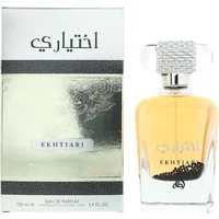 Lattafa Ekhtiari Eau De Parfum 100ml with clear bottle, ornate silver cap, and elegant black and white box.