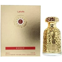 Lattafa Emeer Eau De Parfum 100ml, ornate gold bottle with red accents, matching gold box with embossed design.