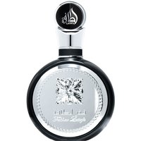 Round silver and black Lattafa Fakhar Black Man Eau de Parfum bottle with embossed Arabic script and decorative cap.