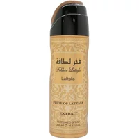 Gold and black Lattafa Fakhar Extrait body spray, 200ml, with ornate pattern and Arabic script on the label.