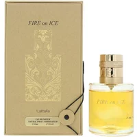 Lattafa Fire On Ice Eau De Parfum 110ml, gold cap, clear bottle, beige box with floral design.