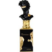 Lattafa His Confession Eau de Parfum, 100 ml, gold and black bottle with sculpted black bust cap