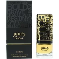 Lattafa Jasoor Eau De Parfum 100ml with bold black and gold lettering on bottle and matching black box.