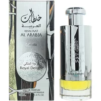 Lattafa Khaltaat Al Arabia Royal Delight Eau De Parfum 100ml, clear bottle with silver cap and yellow liquid.