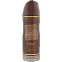 Lattafa Khamrah Qahwa body spray, 200ml brown can with gold accents and Arabic text.