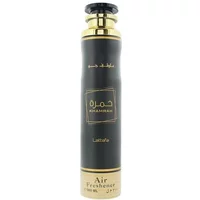Lattafa Khamrah Room Spray 300ml, black and gold bottle with Arabic script and gold cap.