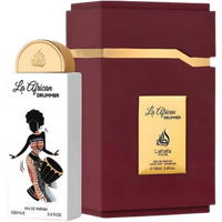 Lattafa Ladies Pride La African Drummer Eau De Parfum, 100 ml, white bottle with African dancer design, maroon box.