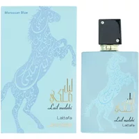 Lattafa Lail Maleki Moroccan Blue Eau De Parfum 100ml, light blue bottle with black cap and ornate horse design.