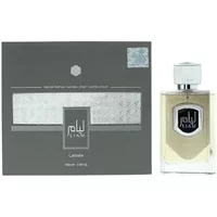 Lattafa Liam Eau De Parfum 100ml, clear rectangular bottle with silver cap, black label, and gray box packaging.