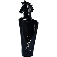 Black Lattafa Maahir Black Edition perfume bottle with horse head cap, sleek design, and silver text.
