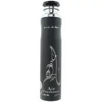 Black Lattafa Maahir room spray 300ml with silver Arabic script and sleek cylindrical design.