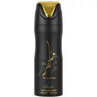 Black Lattafa Maahir deodorant spray, 200ml, with gold cap and Arabic script design.