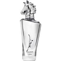 Silver Lattafa Maahir Legacy Eau de Parfum bottle with horse head cap, 100 ml, elegant and sleek design.