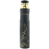 Lattafa Maahir room spray 300ml, black bottle with gold accents and Arabic script, sleek cylindrical design.