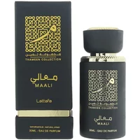 Lattafa Maali Thameen Collection perfume, black bottle with gold Arabic design, 30ml Eau De Parfum.