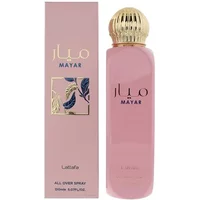 Pink Lattafa Mayar body spray 150ml with gold cap, elegant floral design on box.